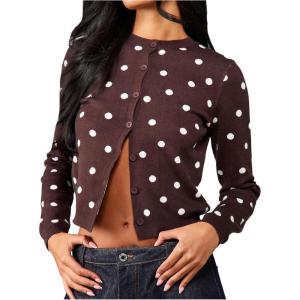 image:imageMakeMeChic Womens Polka Dots Cropped Cardigan Lightweight Long Sleeve Y2K Button Down SweatersMulticolor