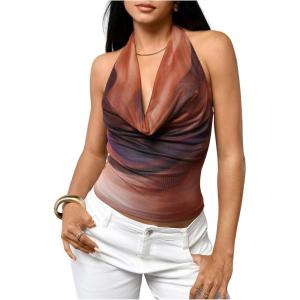 image:imageMakeMeChic Womens Polka Dots Halter Top Y2k Going Out Tops Backless Deep V Cowl Neck TopsMulticolor
