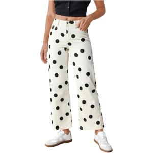 image:imageMakeMeChic Womens Polka Dots Jeans Low Waist Stretch Straight Leg Denim PantsKhaki