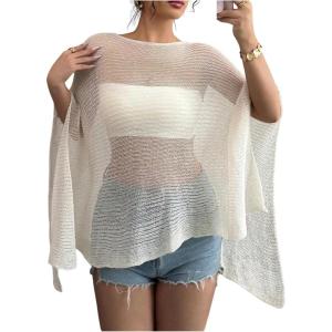 image:imageMakeMeChic Womens Ponchos Sheer Poncho Shawl Crochet Tops Sweater Cover UpApricot