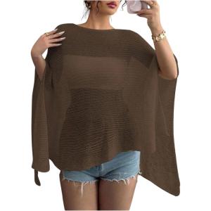 image:imageMakeMeChic Womens Ponchos Sheer Poncho Shawl Crochet Tops Sweater Cover UpCoffee Brown