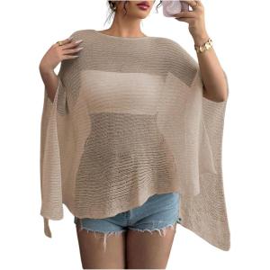 image:imageMakeMeChic Womens Ponchos Sheer Poncho Shawl Crochet Tops Sweater Cover UpKhaki