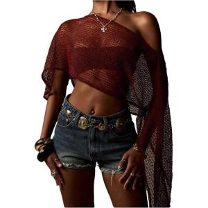 image:imageMakeMeChic Womens Ponchos Sheer Poncho Shawl Crochet Tops Sweater Cover UpRust Brown