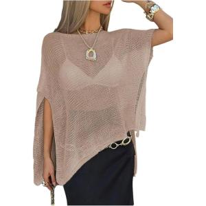 image:imageMakeMeChic Womens Ponchos Sheer Poncho Shawl Crochet Tops Sweater Cover UpSolid Khaki