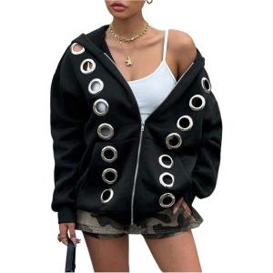 image:imageMakeMeChic Womens Punk Zip Up Sweatshirt Grommet Eyelet Long Sleeve Hoodies Y2K OutfitsBlack