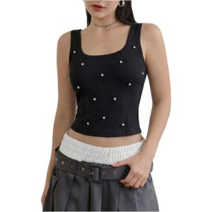 image:imageMakeMeChic Womens Rhinestone Sleeveless Y2k Crop Tank Top Sparkly Fitted Square Neck Top Summer Going Out TopsBlack