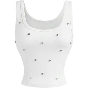 image:imageMakeMeChic Womens Rhinestone Sleeveless Y2k Crop Tank Top Sparkly Fitted Square Neck Top Summer Going Out TopsWhite