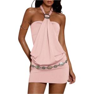 image:imageMakeMeChic Womens Ruffle Mini Dress Y2k Backless Sleeveless Western Going Out Halter DressesPink
