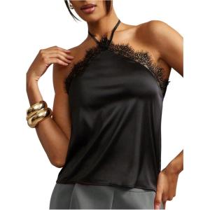 image:imageMakeMeChic Womens Satin Halter Tops Silk Lace Trim Tie Backless Going Out Tank TopBlack