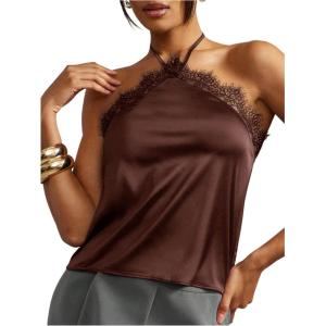 image:imageMakeMeChic Womens Satin Halter Tops Silk Lace Trim Tie Backless Going Out Tank TopBrown