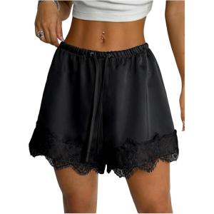 image:imageMakeMeChic Womens Satin Lace Shorts Wide Leg Slip Shorts Boxer Lounge Shorts StreetwearBlack