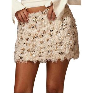 image:imageMakeMeChic Womens Shiny Sequin Mini Skirt Furry Faux Fur Bodycon Fall Party Skirts Festival Outfits ClubwearApricot