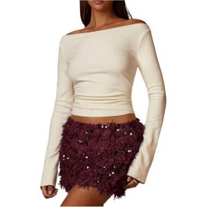 image:imageMakeMeChic Womens Shiny Sequin Mini Skirt Furry Faux Fur Bodycon Fall Party Skirts Festival Outfits ClubwearBurgundy