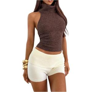 image:imageMakeMeChic Womens Sleeveless Halter Top Open Back Rib Knitted Y2K Crop Tank TopsCoffee Brown