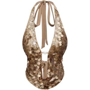 image:imageMakeMeChic Womens Sparkly Sequin Draped Halter Top Tie Backless Party Y2K Tank TopsBrown