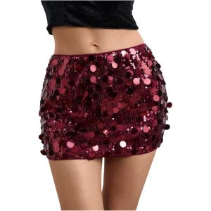 image:imageMakeMeChic Womens Sparkly Sequin Mini Skirt Y2k Low Rise Glitter Rave Micro Skirt with Shorts UnderneathRed