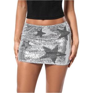 image:imageMakeMeChic Womens Sparkly Sequin Mini Skirt Y2k Low Rise Glitter Rave Micro Skirt with Shorts UnderneathSilver Star Printed