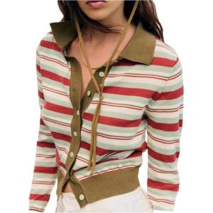 image:imageMakeMeChic Womens Striped Button Down Cardigan Sweater Long Sleeve Collared Fall Knit Crop TopsGreen