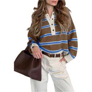image:imageMakeMeChic Womens Striped Rugby Shirt Button Down Long Sleeve Preppy Sweater Knit Winter PulloverBrown