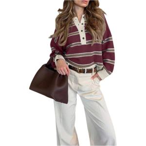 image:imageMakeMeChic Womens Striped Rugby Shirt Button Down Long Sleeve Preppy Sweater Knit Winter PulloverBurgundy