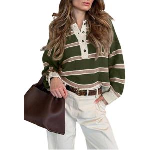 image:imageMakeMeChic Womens Striped Rugby Shirt Button Down Long Sleeve Preppy Sweater Knit Winter PulloverGreen