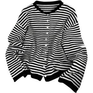 image:imageMakeMeChic Womens Striped Sweater Cardigan Button Down Long Sleeve Baggy Fall OutfitsBlack
