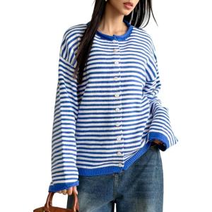 image:imageMakeMeChic Womens Striped Sweater Cardigan Button Down Long Sleeve Baggy Fall OutfitsBlue and White