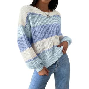 image:imageMakeMeChic Womens Striped Sweater Color Block Crewneck Casual Loose Soft Knit Christmas Sweater Pullover TopsBlue