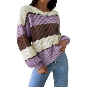 image:imageMakeMeChic Womens Striped Sweater Color Block Crewneck Casual Loose Soft Knit Christmas Sweater Pullover TopsMulticolor B