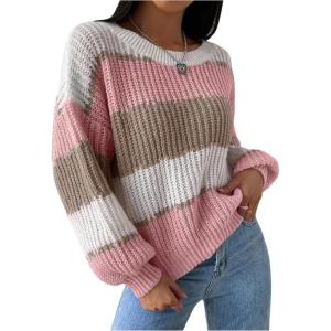 image:imageMakeMeChic Womens Striped Sweater Color Block Crewneck Casual Loose Soft Knit Christmas Sweater Pullover TopsMulticolor D