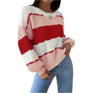image:imageMakeMeChic Womens Striped Sweater Color Block Crewneck Casual Loose Soft Knit Christmas Sweater Pullover TopsMulticolor a
