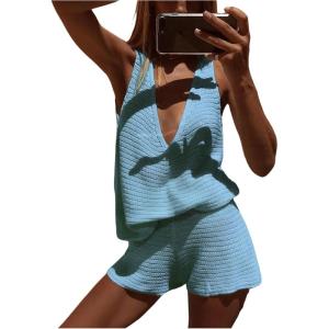 image:imageMakeMeChic Womens Summer 2 Piece Sets Deep V Neck Knit Tank Tops Mini Shorts Set Beach Vacation OutfitsBlue