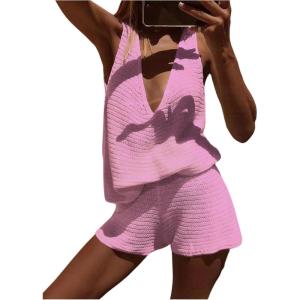 image:imageMakeMeChic Womens Summer 2 Piece Sets Deep V Neck Knit Tank Tops Mini Shorts Set Beach Vacation OutfitsPink