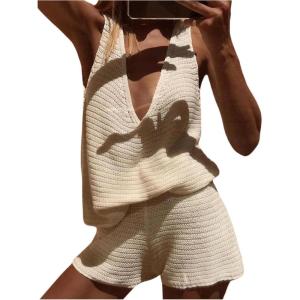 image:imageMakeMeChic Womens Summer 2 Piece Sets Deep V Neck Knit Tank Tops Mini Shorts Set Beach Vacation OutfitsWhite