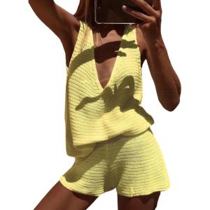 image:imageMakeMeChic Womens Summer 2 Piece Sets Deep V Neck Knit Tank Tops Mini Shorts Set Beach Vacation OutfitsYellow