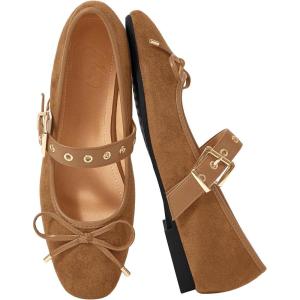 image:imageMakeMeChic Womens Summer Ballet Flats Brown Suede Loafers Bow Knot Buckle Closed Toe Leather ShoesBrown