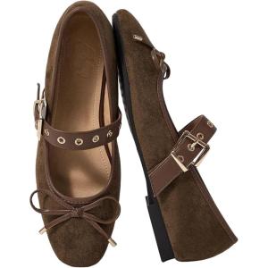 image:imageMakeMeChic Womens Summer Ballet Flats Brown Suede Loafers Bow Knot Buckle Closed Toe Leather ShoesMocha Brown