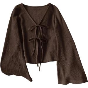 image:imageMakeMeChic Womens Tie Front Bell Long Sleeve Top Bow Rib Knit CardiganCoffee Brown