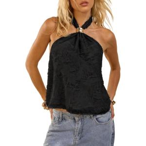 image:imageMakeMeChic Womens Tie Open Back Halter Tops Metal Sleeveless Summer Tank TopBlack
