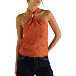 image:imageMakeMeChic Womens Tie Open Back Halter Tops Metal Sleeveless Summer Tank TopOrange