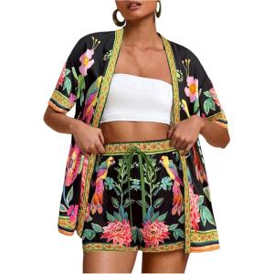 image:imageMakeMeChic Womens Tropical Beach Vacation Outfits Summer Two Piece Sets Boho Floral Kimono Tops and Shorts SetBlack