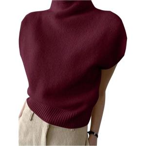 image:imageMakeMeChic Womens Turtleneck Sweater Vest Mock Neck Cap Sleeve Sleeveless Knit Tops Pullover SweatersBurgundy