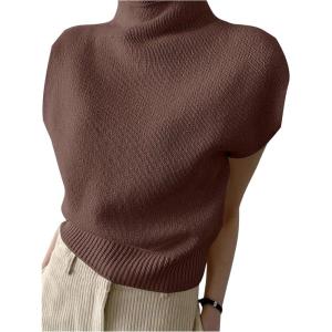 image:imageMakeMeChic Womens Turtleneck Sweater Vest Mock Neck Cap Sleeve Sleeveless Knit Tops Pullover SweatersCoffee Brown