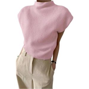 image:imageMakeMeChic Womens Turtleneck Sweater Vest Mock Neck Cap Sleeve Sleeveless Knit Tops Pullover SweatersPink