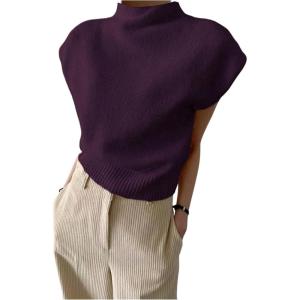 image:imageMakeMeChic Womens Turtleneck Sweater Vest Mock Neck Cap Sleeve Sleeveless Knit Tops Pullover SweatersPurple
