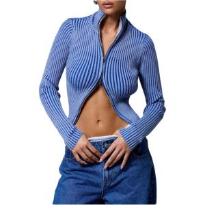 image:imageMakeMeChic Womens Y2K Cropped Sweater Cardigans Striped Zip Up Cardigan High Neck Fall Sweaters Crop TopsBlue