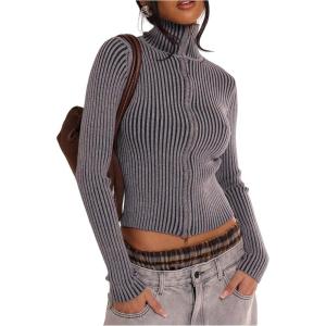 image:imageMakeMeChic Womens Y2K Cropped Sweater Cardigans Striped Zip Up Cardigan High Neck Fall Sweaters Crop TopsDark Grey