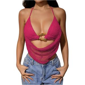 image:imageMakeMeChic Womens Y2k Crochet Halter Top Open Back Metal Ring Draped Front Summer Sequin Rave Party Going Out TopsHot Pink