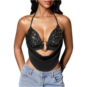 image:imageMakeMeChic Womens Y2k Crochet Halter Top Open Back Metal Ring Draped Front Summer Sequin Rave Party Going Out TopsSequin Black