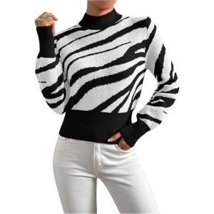image:imageMakeMeChic Womens Zebra Striped Sweater Christmas Mock Neck Long Sleeve Knitted Pullover TopsBlack and White
